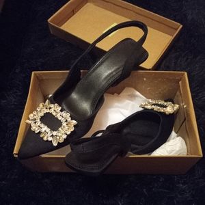 Black rhinestone crystal low heels satin slingback shoes.